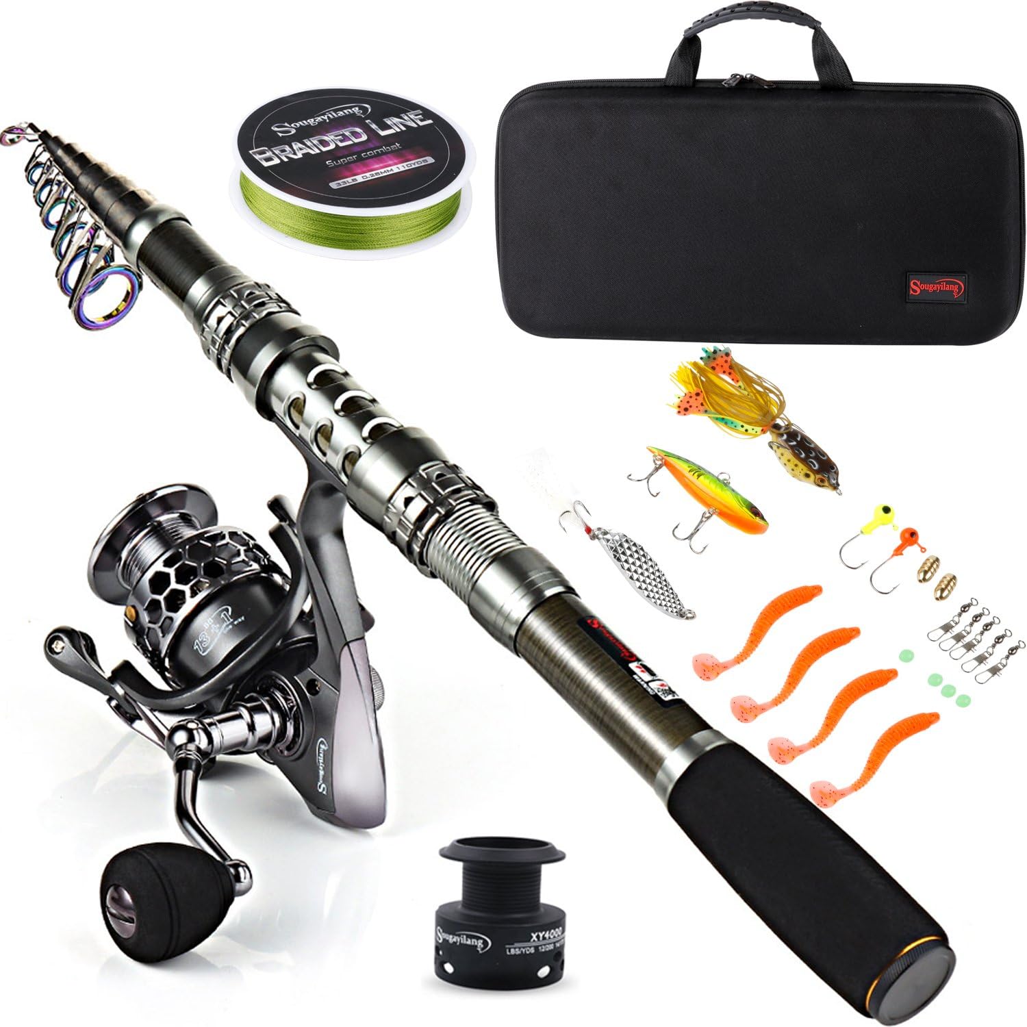 Sougayilang Fishing Rod Combos with Telescopic Fishing Pole Spinning Reels Fishing Carrier Bag