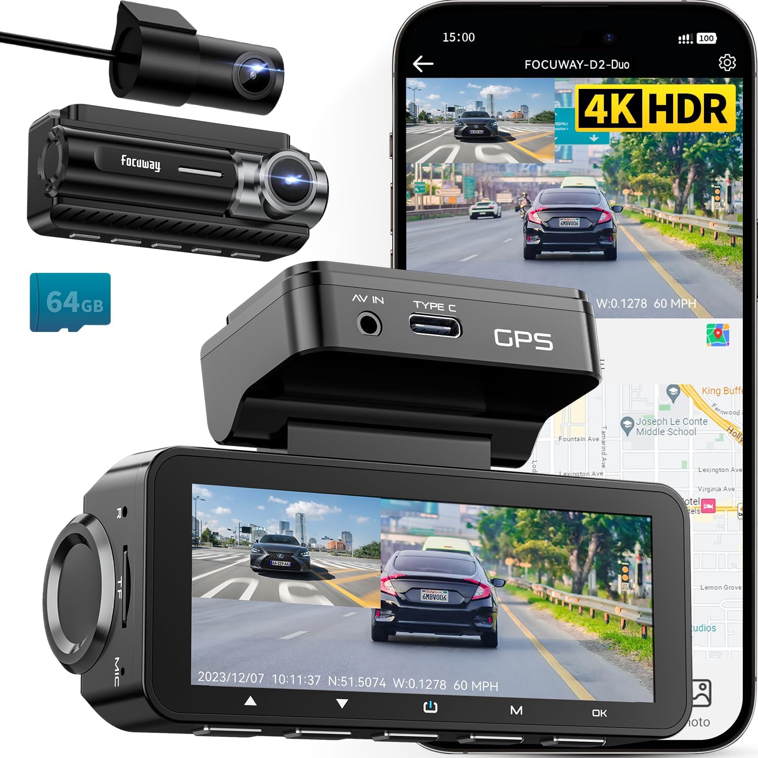 FocuWay Dash Cam Front Rear 4K with Built-in GPS, 5GHz WiFi