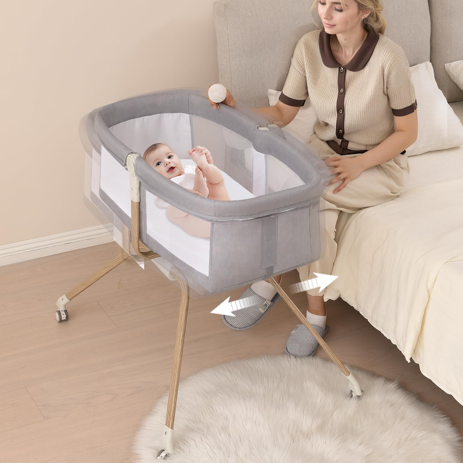 Beige Baby Bassinet with Mosquito Net and Silent Wheels 